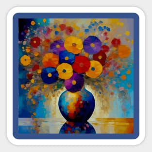 Colorful Floral Still Life Painting in a Blue Vase Sticker